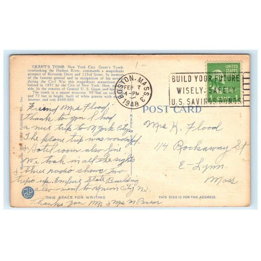 VTG Postcard New York City Hudson River Grants Tomb Moonlight‎ Posted 1948 Linen